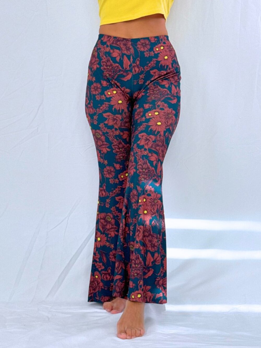 Zara Floral Print High Waisted Flare Pants | Teal & Rust Bell Bottoms | M
